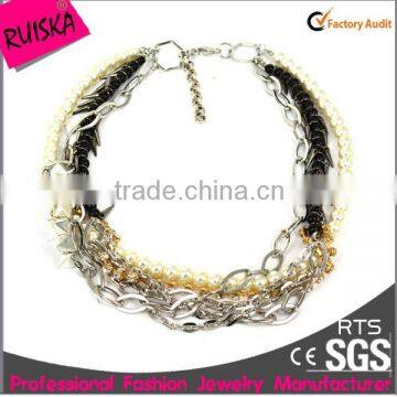 multi layers chains pearl rhinestone black teeth silver link chunky silver necklace