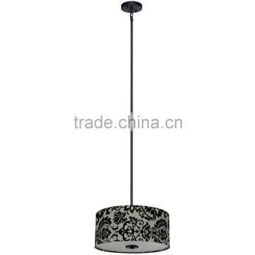 3 light chandelier(Lustre/La arana) in ebony bronze finish with a round 16" silk look white decadance fabric shade