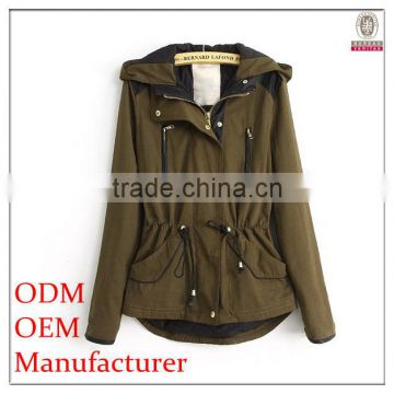 top fashion hooded military green zipper jacket for young ladies