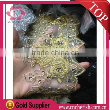 Hight quality gold embroidery lace trim george lace with beads for dress                        
                                                Quality Choice