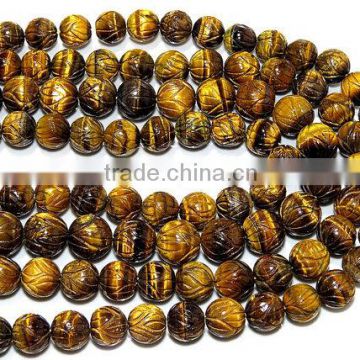 Tiger Eye Carving Smooth Beads Round Shape 16" Inches 14.5X15.5MM Approx 100% Natural Good Quality On Wholesale Price.