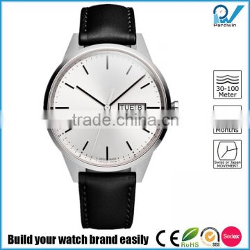 Brushed PVD steel stainless steel case watch waterproof 5ATM Date and Day function movement black nappa leather