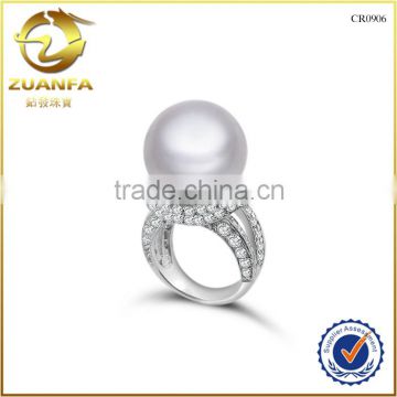 freshwater round pearl bead with cz paved silver pearl ring designs for women