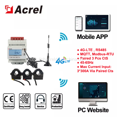 Acrel ADW300-4GHW U I P Q S PF Parameters Active Power Wireless CT300A Three Phase 4G-LTE Smart Energy Electricity Meter Cts Current Input