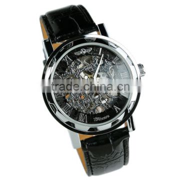 New Men's Black Dial Leather Band Strap Luxury Stainless Case Hand-Wind Up Mechanical Wrist Watch