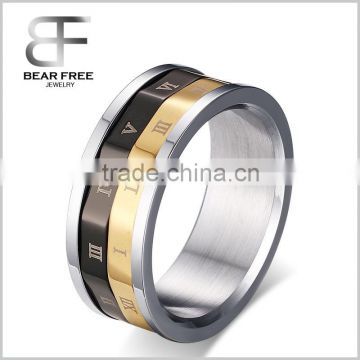 Mens Tri Colour Roman Numerals Gold Black & Silver Stainless Steel Spinner Designer Band Ring