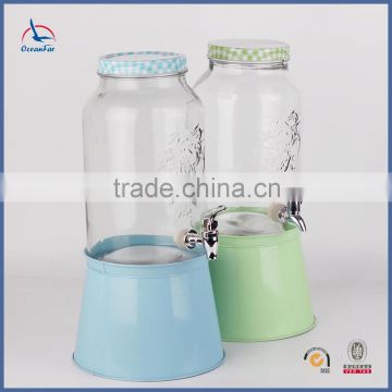 High Quality Colored Stand Glass Beverage Dispenser 5L Glass Storage Jar Embossed Juice Glass Jar With Tap