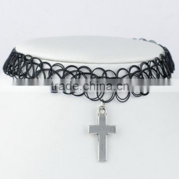 Black color nylon with silver alloy cross choker necklace