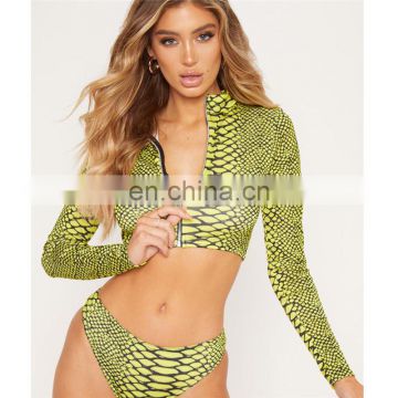 Newest Snake skin print Sexy bikini set Summer women Padded long sleeve top thong Zipper swimsuits biquinis maillot de bain 2019