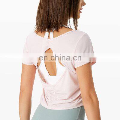 Wholesale Quick Dry Anti-Bacterial Back Hollowout Short Sleeve Gym Yoga Shirt Women Workout Running Fitness Sports Crop Top