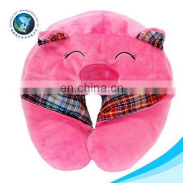 Customized cute animal u shaped travel neck pillow with hat wholesale soft plush pig neck cushion