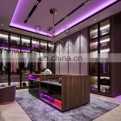 Modern Style Bedroom Furniture Colorful LED Light Wall Walk in Closet Wooded wardrobes