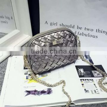 Manual special design ladies weave pu shoulder bag with chain strap