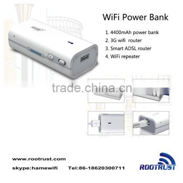 Portable 4400mAh power bank+ wireless N smart portable wifi repeater router gateway