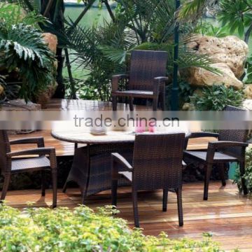 synthetic rattan furniture dining set includes six chairs and dining table with teak wood table top