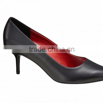 Pretty women Mid high Heel pointed toe classic ladies breatheable PU lining comfortable black sheep skin pump shoes
