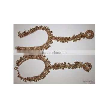 Antique Gold tone Payal Anklets with attached toe ring