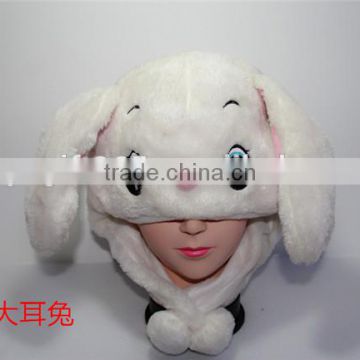 White Pink Big Ear Cartoon Rabbit Plush Warm Hat With Ear Poms And Flaps