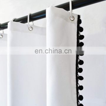 Waterproof  Polyester Material Black Pom Pom Tassel Shower Curtain for Bathroom