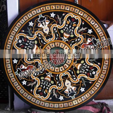 Black Pietra Dura Marble Inlay Round Table Top, Black Dinning Table top