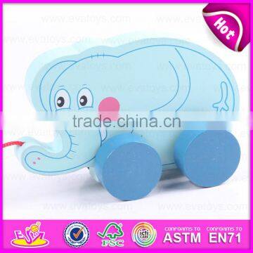 Interesting Kids Pulling elephant with pulley wheel,Wooden Elephant Pull Toy Blue Wooden Gift Wholesale Toy W05B115