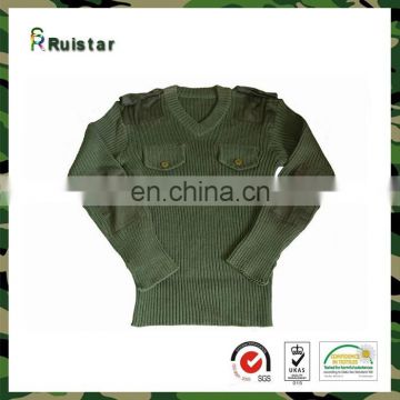 Olive Green V-Neck Military Commando Wool Crewneck Sweater