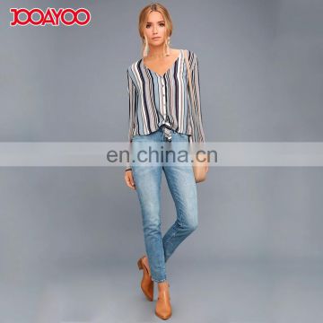 High quality trendy style striped long sleeve knotted shirt lady colorful blouse &top