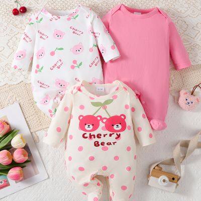 3pcs Newborn Baby's Cartoon Bear Cherry Themed Pattern Footed Onesie, Comfy Long Sleeve Romper, Toddler & Infant Girl's Bodysuit