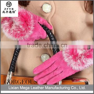 2016 high quality Suede Leather Gloves With Rabbit Fur Cuff