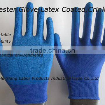 high quality blue polyester blue latex coated gloves