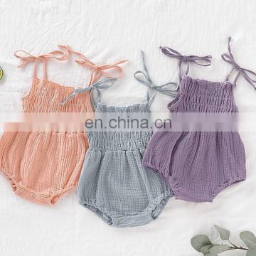 6 Colors Linen New Lovely Retro Baby Girls Lace Up Romper Soft Cotton Summer Sleeveless Strap Toddler Pleated Jumpsuit Overalls