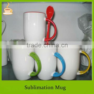White coated and color glazed inside with placing spoon colorful handle sublimation ceramic mug, T/T