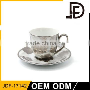 logo custom cylindrical silver rim espresso coffee cup and saucer set