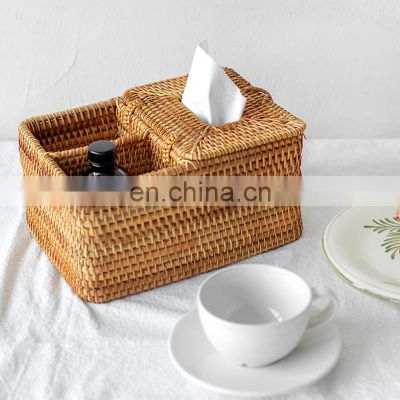 Hot Sale Rattan Tissue Storage Basket Wicker Tissue Holder with Hinged Top Lid Vietnam Manufacturer