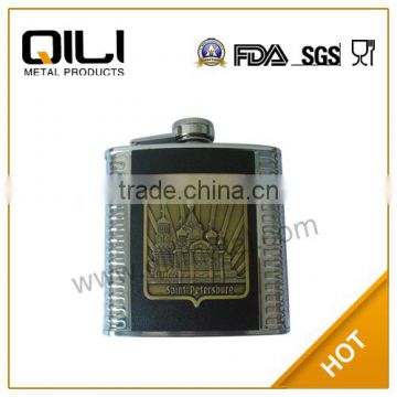 8oz stainless steel leather wrapped hip flask with metal sticker