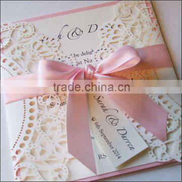 Romantic & elegant laser cut cheap wedding invitations with pink ribbons