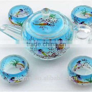 2015 Wholesale watercolor crystal teaport with cup, crystal tea set for home decoration