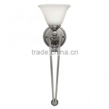 Factory hot sale UK style classic brushed nickel wal torchiere with white bell shaped glass shade for indoor decoration