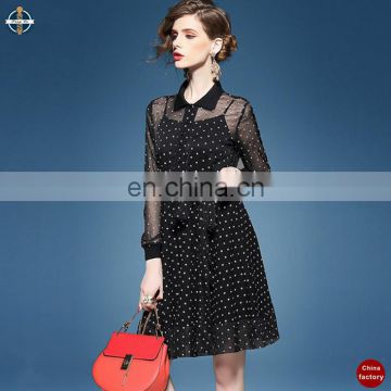 T-D007 Women Black Printed Chiffon Long Sleeve Latest Single-Breasted Dresses