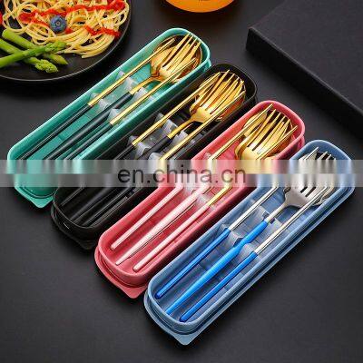 Amazon Hot Sale Japanese and Korean Stainless Steel Portable Tableware Set Student Fork Spoon Chopsticks Set