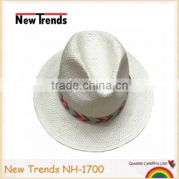 Fashion white color straw panama shape hat with chevron pattern hatband