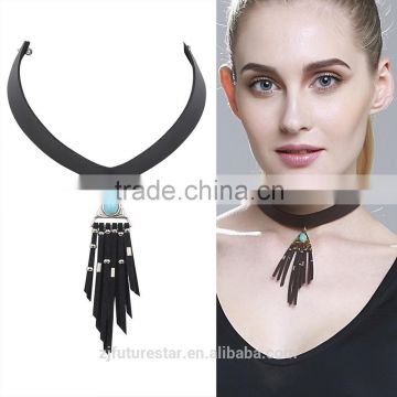 Antique Choker Collar Necklaces Women Simple Black Leather Triangle Pendant Wholesale Tassel Jewelry Deco Turquoise Necklace
