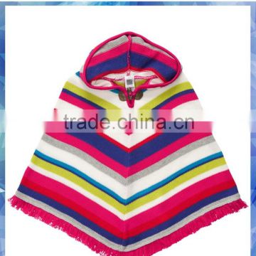 100% cotton bright stripe knit kids hooded poncho/kids cape/girls Sweater Cape