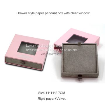 Custom hot stamping logo pink pendant earring pendant necklace cardboard drawer paper gift packaging jewelry box with clear window