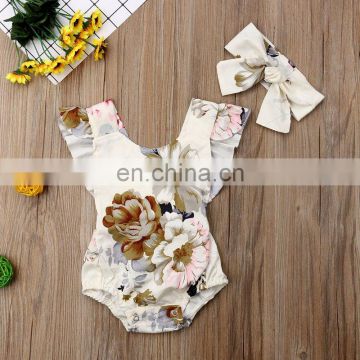 2019 summer new arrivals baby girl floral print rompers kids soft cotton bodysuits with headband 2pc set