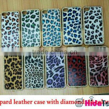 Hot sell leopard grain mobile phone case for apple iphone 4s, diamond decoration leather design