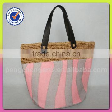 High quality irregular vertical stripes paper straw and polyester material crochet handbag