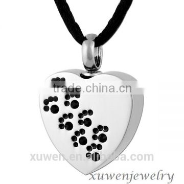 heart shape 316l stainless steel pet urn pendants with black zircon