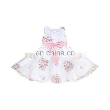 Princess white dress with floral printed and bow wholesale price cheap dress