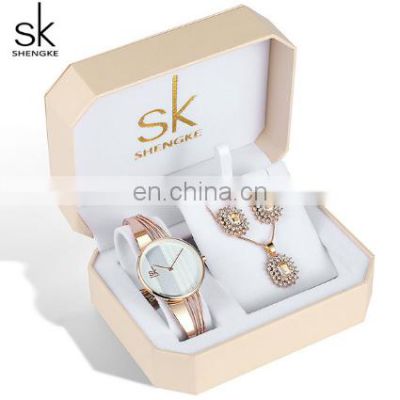 SHENGKE Hot Sale Bracelet Watch Set For Girl Friend Gift Set Rose Gold Plated Watches Jewelry Earing Necklace Ladies Watch Sets